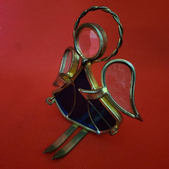 Vintage Stained Glass Skier Blue Gold Tone - Picture 10 of 12